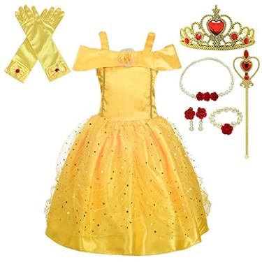 Imagem de Dressy Daisy Fantasia infantil de princesa para meninas vestido de baile amarelo dourado chique Halloween festa de aniversário carnaval com acessórios tamanho 3-4T