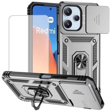 Imagem de Yodueiv Capa para Redmi 12, capa para Redmi Note 12R/Poco M6 Pro com protetor de tela de vidro temperado e capa de câmera deslizante, anel magnético suporte de carro capa protetora para Xiaomi Redmi