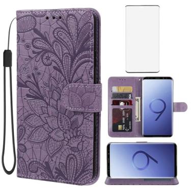Imagem de Gufuwo Capa para Galaxy S9+, capa carteira para Samsung S9 Plus SM-G965U com protetor de tela de vidro temperado, flor de renda, couro PU, flip com suporte para cartão de crédito, capa para celular