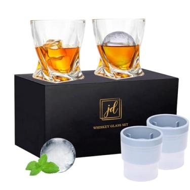 Imagem de Conjunto de copos Whiskey Rocks em caixa de presente - Inclui 2 copos de cristal Bourbon e 2 moldes grandes de bola de gelo - Copos antiquados de 325 ml para uísque, coquetéis, rum, conhaque, vodka -