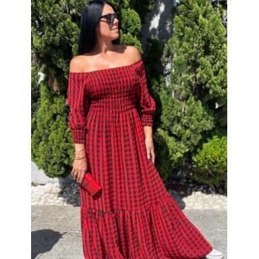 Imagem de Vestido plus size longo xadrez ajustável ao corpo adulto festa junina 