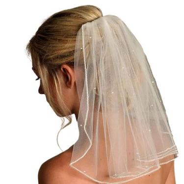 Imagem de Veu de Noiva Curto 40cm Liso Strass Pérolas Pré Wedding - LM, Branco c