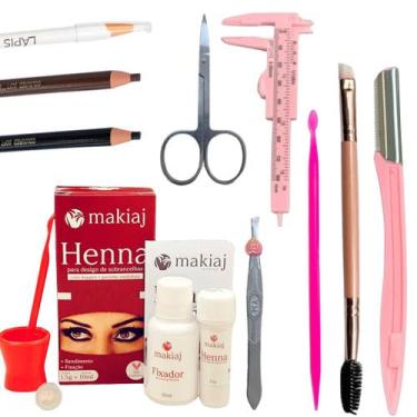 Imagem de kit designer sobrancelhas henna makiaj paquimetro tesoura pinça navalh
