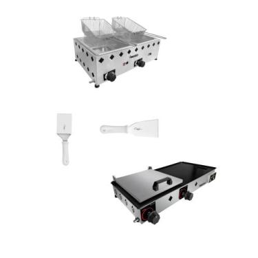 Imagem de kit com Fritadeira 2 cubas inox 5L + chapeira 30x70 com prensa . 2 esp
