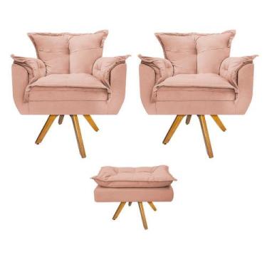 Imagem de Kit 02 Poltronas e Puff Opala Base Giratória de Madeira Suede Rosê - D