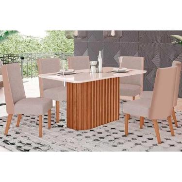 Imagem de Conjunto: Mesa Sala Jantar Solana SC68 Tampo Madeirado c/ Vidro Canto Curvo 160x90cm e 6 Cadeiras Anne Nature/Courano/Linho - Henn