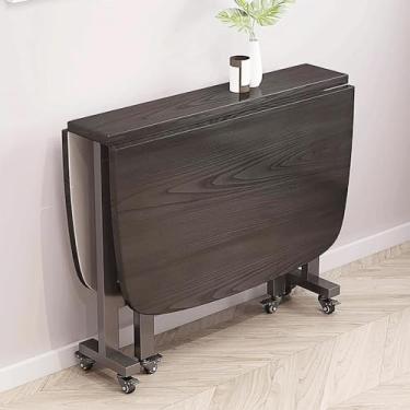 Imagem de Mesa de jantar dobrável de madeira, mesa retangular extensível de folhas suspensas para espaços pequenos com rodas móveis, economia de espaço, mesa de cozinha de madeira, design de borda redonda,