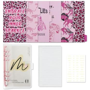 Imagem de Fichário A6 com 6 anéis, fichário transparente A6, capa de caderno de folhas soltas, fichário de diário pessoal recarregável com 45 folhas de papel e divisórias rosa