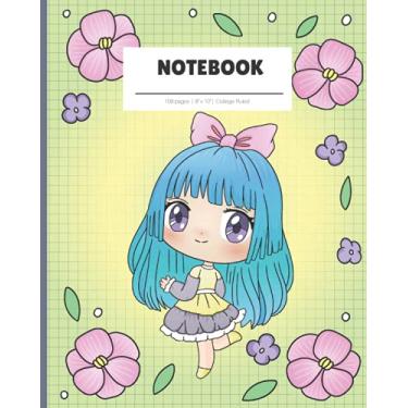 Imagem de Notebook: Cute Kawaii anime manga pastel chibi girl with flowers college ruled composition book for girls teens adults