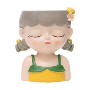 Imagem de IEUDNS Cartoon Girl Planter Vaso de mesa Vaso de plantas decorativo Pequeno vaso de flores de resina para prateleira Quarto Entrada Interior/Exterior, Cinza Amarelo