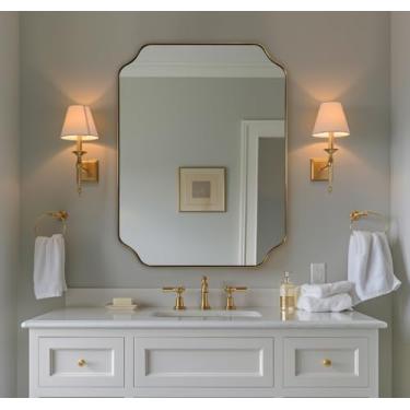 Imagem de ANDY STAR Espelho dourado escovado, espelho de banheiro de 61 x 81 cm, espelho retangular exclusivo para banheiro com moldura de metal de aço inoxidável, espelho decorativo montado na parede