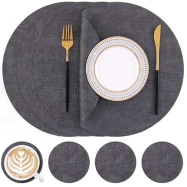Imagem de Homaxy Jogo americano e porta-copos redondos de couro sintético, tapetes de mesa laváveis de dois lados, tapetes de jantar resistentes ao calor limpáveis para ambientes externos e internos, conjunto