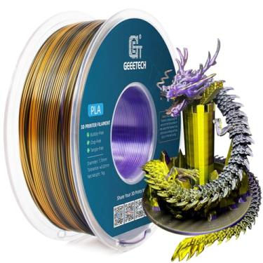 Imagem de Geeetech Filamento pla de seda tricolor Filamento de impressora 3D de 1,75 mm, coextrusão roxo ouro preto tricolor filamento pla de seda brilhante semelhante a metal, 1 kg (2,2 lbs) 1 carret