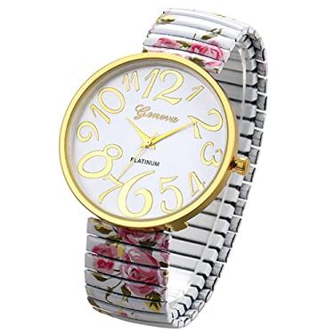 Imagem de Ibohevo Relógio de pulso com mostrador grande: pulseira floral feminina, número grande, fácil leitor, mostrador com movimento de quartzo, relógio de pulso analógico de liga, Branco, Adult