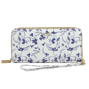 Imagem de DOSHI Carteira vegana continental de papel kraft floral caramelo - carteira feminina elegante e sustentável, Floral branco e azul (papel kraft), Moderno