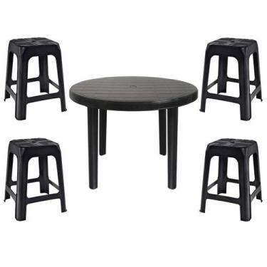 Imagem de Mesa Redonda Desmontável de Plástico 94cm Preta + 4 Banquetas Empilháv