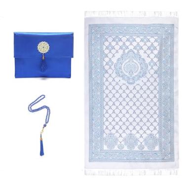 Imagem de Lenmipot Tapete de oração Namaz muçulmano cobertor portátil Ramadã oração tapete macio islâmico Eid conjunto de tapete de presente com contas tapete fino muçulmano - azul