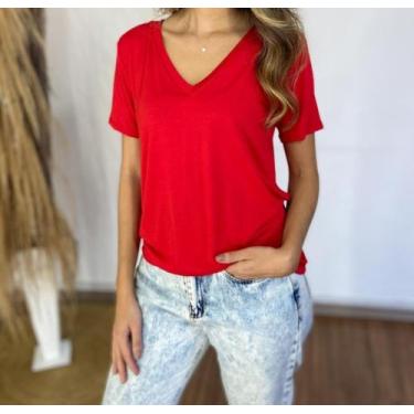 Imagem de Kit 3 Blusa Decote V Feminino Básica Lisa Manga Curta Gola V - Hettler