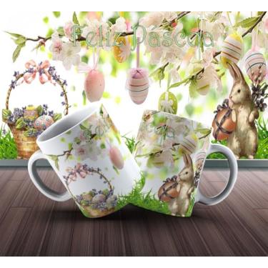 Imagem de Caneca de Páscoa Decorativa, Cerâmica, Design com Coelho e Ovos, Feliz Páscoa, 1 peça