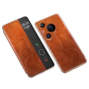 Imagem de HAO RIYLN Marrom, Capa 70 Pro para Huawei Pura 70 Ultra/70 Pro +/70 Pro/70, Smart Window View, capa de couro genuíno, retrô, proteção total, à prova de choque