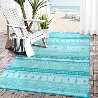 Imagem de Uphome Tapete costeiro ao ar livre impermeável 15 x 23 cm, reversível tema oceano praia listrado tapete de palha de plástico, tapete tribal RV acampamento externo para piscina quintal deck piquenique
