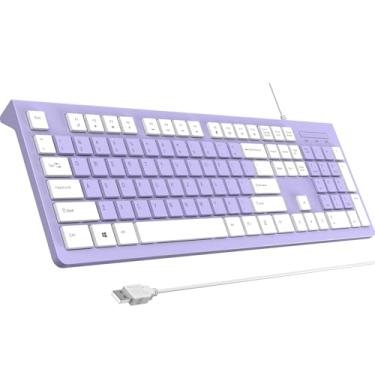Imagem de Teclado com fio, teclado de computador com fio USB ultrafino, teclas de perfil baixo, resistente a derramamentos, teclas multimídia, compatível com Windows, Mac, Chrome, Linux e Android - roxo