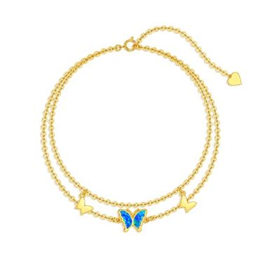 Imagem de Rikelus Tornozeleiras de borboleta de ouro real 14K para mulheres e meninas, pulseira de tornozelo de borboleta de opala azul de ouro sólido em camadas, tornozeleira com pé em camadas, joias de praia