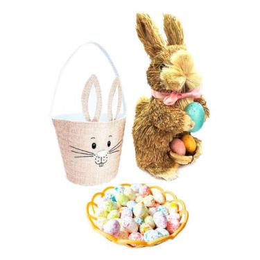 Imagem de Kit Decoração Páscoa Com Coelho Palha Caça Aos Ovinhos Cesta - Wincy, 