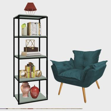 Imagem de Kit Poltrona Fatte com Estante Livreiro Ferro Preto mdf Verde Oliva Suede Azul Turquesa - Ahazzo Móveis