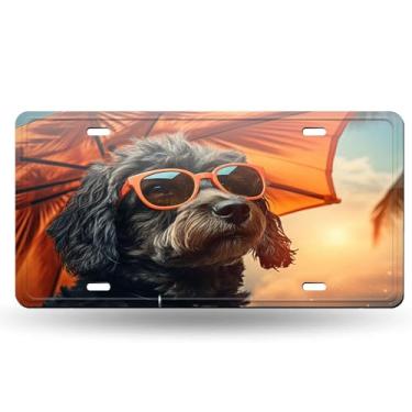 Imagem de Capa de placa de licença de cachorro com padrão de guarda-chuva vermelho - etiqueta de carro artística de alumínio, à prova de ferrugem, design exclusivo - 15 x 30 cm