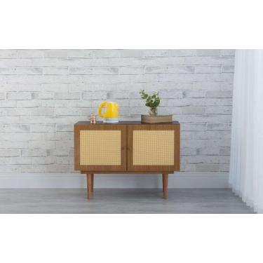 Imagem de Balcão Buffet Pés Palito Madeira Pequeno 2 Portas Mdf E Palhinha Estil