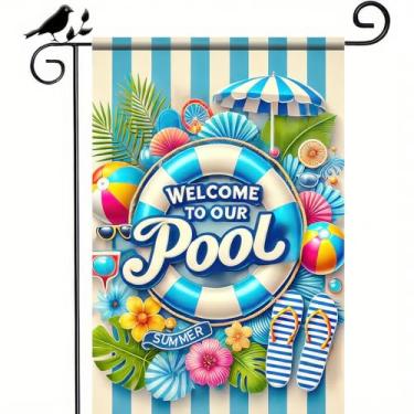 Imagem de BlissYard Bem-vindo à nossa piscina bandeira de jardim de verão 30 x 45 cm dupla face verão piscina quintal bandeira folha de palmeira guarda-sol festa sazonal fazenda banner decoração ao ar livre