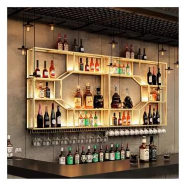 Imagem de WZYCLTT Prateleiras de vinho de LED montadas na parede, prateleiras de bebidas e suporte de vidro, prateleiras flutuantes de vinho de parede, para decoração de bar de cozinha, ouro/preto