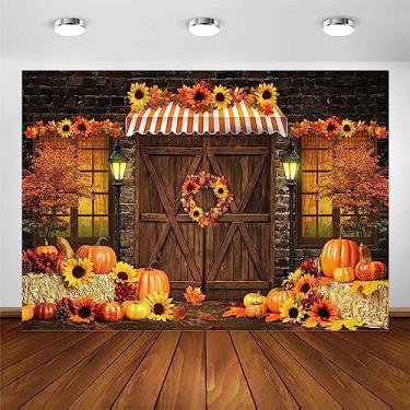 Imagem de Avezano Cenário de outono para fotografia outono girassóis abóboras colheita de ação de graças foto fundo rústico porta de celeiro tijolo parede retrato fotografia cenários outono férias decorações (3