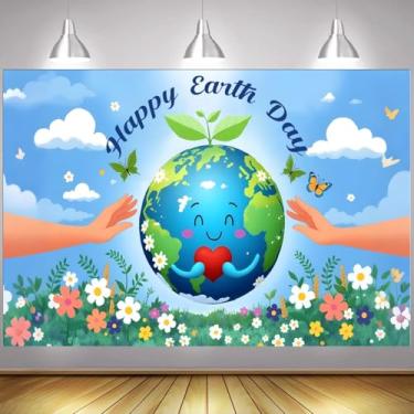 Imagem de LOONELO Banner Happy Earth Day Backdrop 22 de abril, proteção ambiental, decorações de festa de viagem, 187 x 109 cm, acessórios para cabine de fotos do Dia da Terra de saúde global para escola