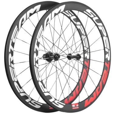 Imagem de Rodas de bicicleta Superteam de fibra de carbono 700C, aro clincher, conjunto de rodas de 50 mm, acabamento fosco, 23 mm de largura (decalque vermelho e branco)