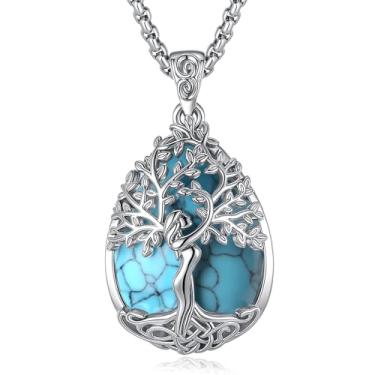 Imagem de EUDORA Colar turquesa árvore da vida para mulheres, cobre banhado a prata, pingente de árvore da deusa mãe, joias de cristal, presentes de meditação de ioga para mulheres, mães, mãe, esposa, 51 cm + 5