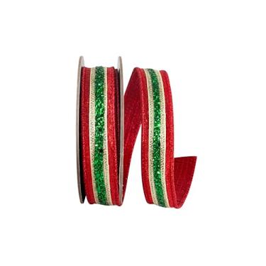 Imagem de Reliant Ribbon Fita de borda com fio Fiesta Deluxe listrada com glitter, vermelho/verde