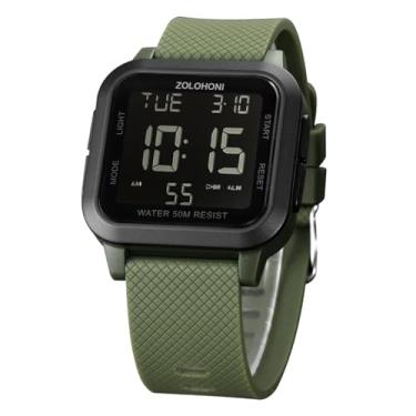 Imagem de zolohoni Relógio digital masculino quadrado com mostrador de números grandes, à prova d'água, LED, Verde, Digital