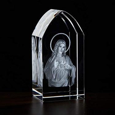 Imagem de Christian Brands Decoração de casa – Bloco de vidro gravado a laser em forma de janela de catedral por Jeweled Cross, 3,8 cm L x 8,3 cm A, Sagrado Coração