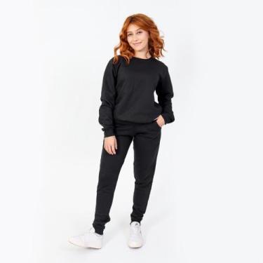 Imagem de Conjunto moletom feminino blusa gola careca + calça - Maeli, Preto, M