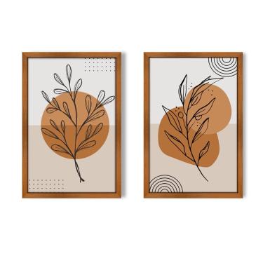 Imagem de Quadro Decorativo Caixa Alta 2 Un 40X60 Folhas Minimalistas Título Moldura Ocre