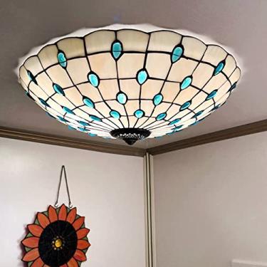 Imagem de Fiunkes Luminária De Teto Embutida Tiffany, Abajur Vidro Colorido Com Contas Cristal Azul Pavão Para Cozinha, Sala Jantar, Estar, Quarto, Lustre, Luz Pendente, Azul, 16 Pol.