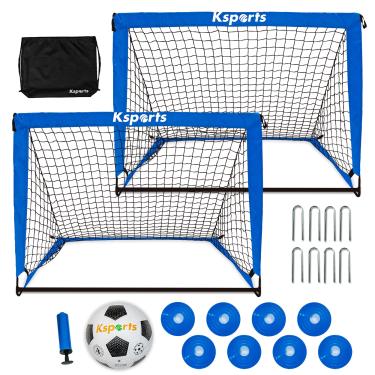 Imagem de Conjunto de rede de futebol Ksports de 1,2 m azul - fácil configuração em ambientes internos e externos - Composto de 2 redes de futebol pop-up - 1 bola de futebol de nylon ferida tamanho 4 com bomba - 6 cones de treinamento de futebol - 1 bolsa de transporte com corda