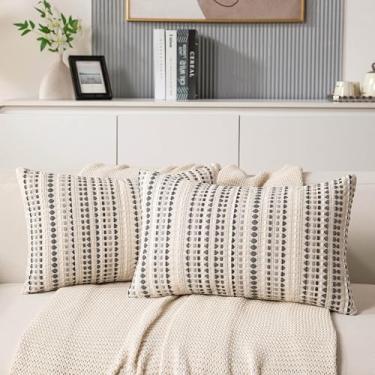 Imagem de KOOLIFE Boho Capas de almofada para sofá lombar 30,5 x 50,8 cm, conjunto de 2 capas de almofada decorativas listradas cinza com detalhes de algodão para decoração de casa, sofá, sala de estar, quarto