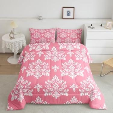 Imagem de Erosebridal Conjunto de edredom queen damasco rosa, boêmio, vintage, vitoriano, para crianças, meninas, adolescentes, mulheres, colcha gótica geométrica, boêmia, flor barroca, para todas as estações