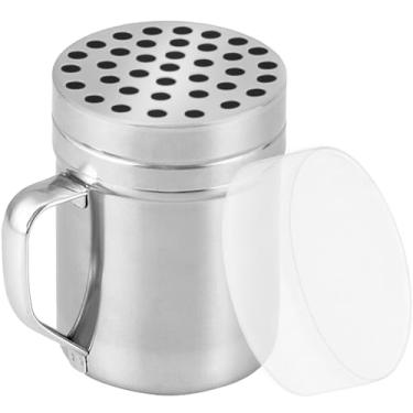Imagem de CUSINIUM Coqueteleira de queijo parmesão de metal de 170 g com orifícios grandes - com alça - Dispensadores de flocos de pimenta - Coqueteleira de pizza | Estilo: grosso