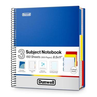 Imagem de Dunwell Caderno de 3 matérias pautado universitário 21 x 27 cm (azul) - 150 folhas (300 páginas), caderno espiral 21 x 28 cm com abas, divisórias móveis, bolsos, capas de plástico frontal/traseiras,