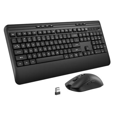 Imagem de Teclado e mouse sem fio – Combo silencioso de teclado e mouse sem fio, teclados ergonômicos de tamanho completo de 2,4 G com descanso de pulso, capas protetoras, design silencioso de toque suave para