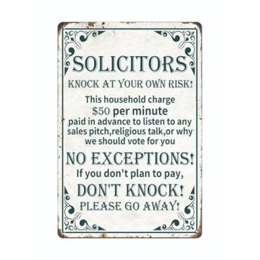 Imagem de Quxya Placa engraçada No Soliciting para House Don't Knock Sign Solicitors Knock At Your Own Risk Signs Door Yard Business Go Away Sign No Solicitors Placa de metal para porta da frente 20 x 30 cm